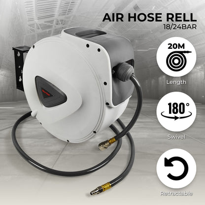 A RYNOMATE Air Hose Reel with 20m Retractable Compressor RNM-AHR-100-XB with a black hose extending from it. The commercial-grade construction includes brass connectors at both ends and quick-connect fittings. The reel features a sturdy black mounting bracket and a sleek design with a matte finish.