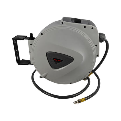 A RYNOMATE Air Hose Reel with 20m Retractable Compressor RNM-AHR-100-XB with a black hose extending from it. The commercial-grade construction includes brass connectors at both ends and quick-connect fittings. The reel features a sturdy black mounting bracket and a sleek design with a matte finish.