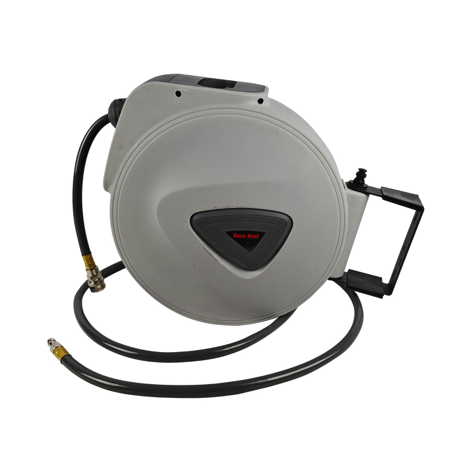 A RYNOMATE Air Hose Reel with 20m Retractable Compressor RNM-AHR-100-XB with a black hose extending from it. The commercial-grade construction includes brass connectors at both ends and quick-connect fittings. The reel features a sturdy black mounting bracket and a sleek design with a matte finish.