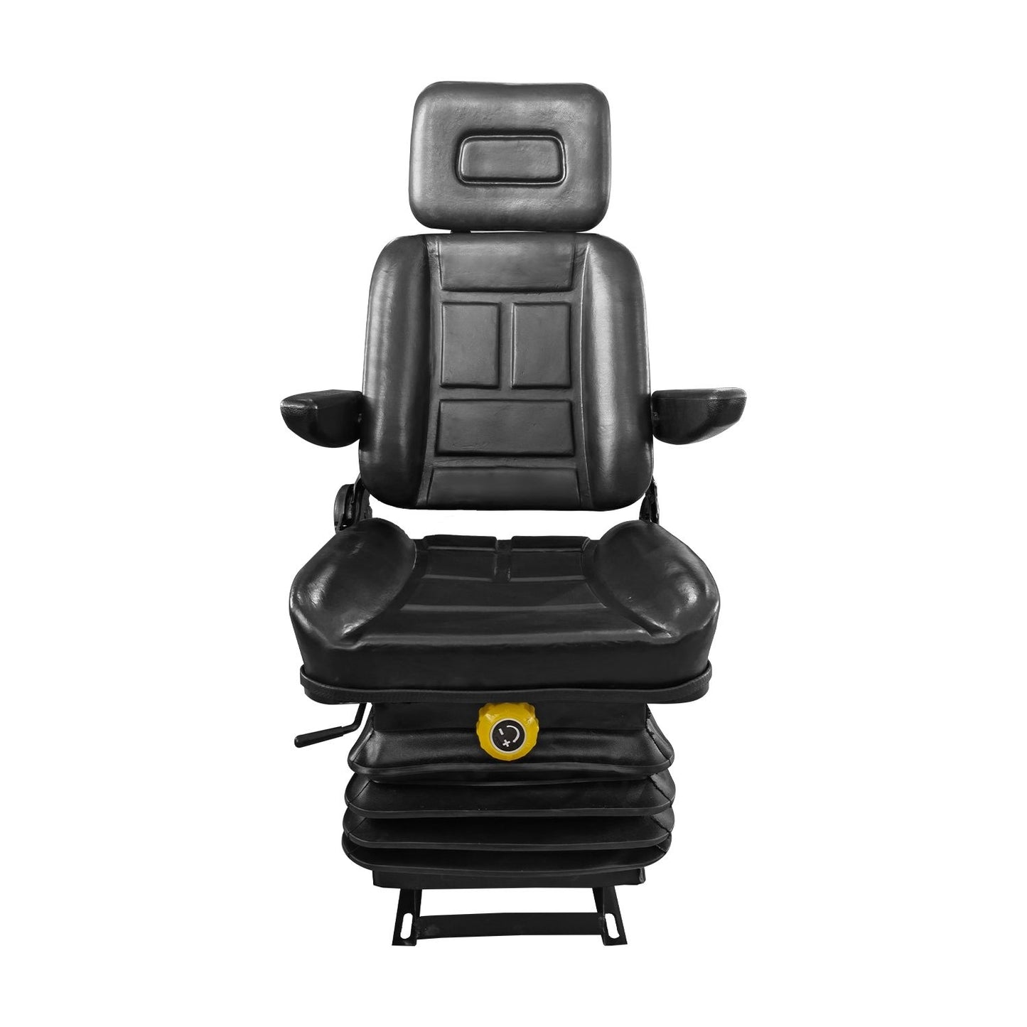 A RYNOMATE Adjustable Suspension Seat with Foldable Armrest for Heavy Machinery (Black) RNM-TS-100-YF with a headrest and a yellow adjustment knob at the base, featuring a padded cushion and sleek design. Ideal for heavy machinery, this adjustable suspension seat boasts foldable armrests for added convenience. The suspension mechanism in the base ensures maximum comfort.