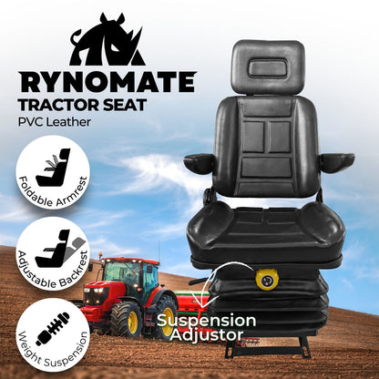 A RYNOMATE Adjustable Suspension Seat with Foldable Armrest for Heavy Machinery (Black) RNM-TS-100-YF with a headrest and a yellow adjustment knob at the base, featuring a padded cushion and sleek design. Ideal for heavy machinery, this adjustable suspension seat boasts foldable armrests for added convenience. The suspension mechanism in the base ensures maximum comfort.