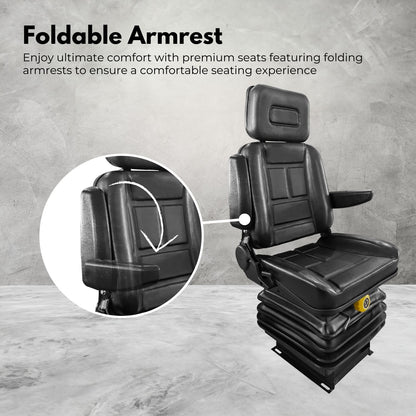 A RYNOMATE Adjustable Suspension Seat with Foldable Armrest for Heavy Machinery (Black) RNM-TS-100-YF with a headrest and a yellow adjustment knob at the base, featuring a padded cushion and sleek design. Ideal for heavy machinery, this adjustable suspension seat boasts foldable armrests for added convenience. The suspension mechanism in the base ensures maximum comfort.