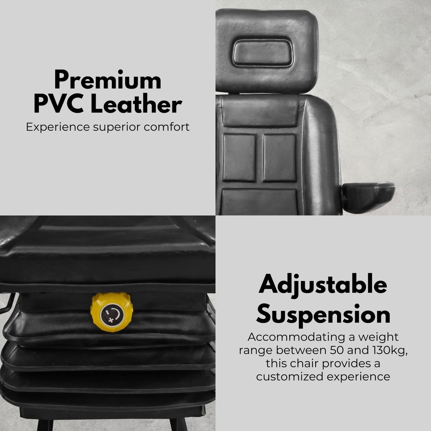 A RYNOMATE Adjustable Suspension Seat with Foldable Armrest for Heavy Machinery (Black) RNM-TS-100-YF with a headrest and a yellow adjustment knob at the base, featuring a padded cushion and sleek design. Ideal for heavy machinery, this adjustable suspension seat boasts foldable armrests for added convenience. The suspension mechanism in the base ensures maximum comfort.