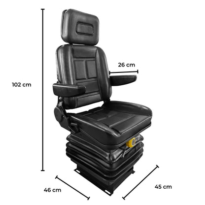 A RYNOMATE Adjustable Suspension Seat with Foldable Armrest for Heavy Machinery (Black) RNM-TS-100-YF with a headrest and a yellow adjustment knob at the base, featuring a padded cushion and sleek design. Ideal for heavy machinery, this adjustable suspension seat boasts foldable armrests for added convenience. The suspension mechanism in the base ensures maximum comfort.