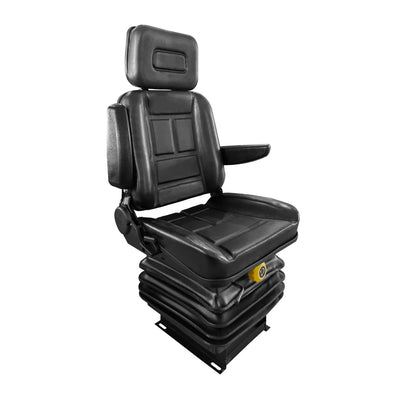 A RYNOMATE Adjustable Suspension Seat with Foldable Armrest for Heavy Machinery (Black) RNM-TS-100-YF with a headrest and a yellow adjustment knob at the base, featuring a padded cushion and sleek design. Ideal for heavy machinery, this adjustable suspension seat boasts foldable armrests for added convenience. The suspension mechanism in the base ensures maximum comfort.