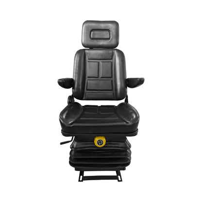 A RYNOMATE Adjustable Suspension Seat with Foldable Armrest for Heavy Machinery (Black) RNM-TS-100-YF with a headrest and a yellow adjustment knob at the base, featuring a padded cushion and sleek design. Ideal for heavy machinery, this adjustable suspension seat boasts foldable armrests for added convenience. The suspension mechanism in the base ensures maximum comfort.