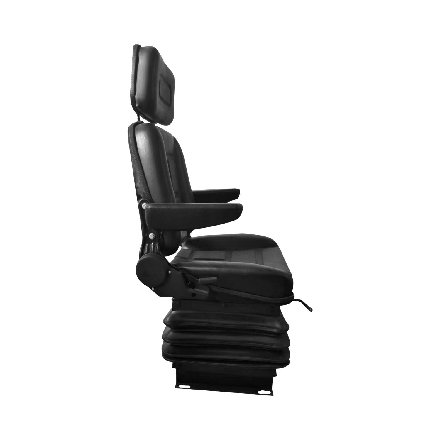 A RYNOMATE Adjustable Suspension Seat with Foldable Armrest for Heavy Machinery (Black) RNM-TS-100-YF with a headrest and a yellow adjustment knob at the base, featuring a padded cushion and sleek design. Ideal for heavy machinery, this adjustable suspension seat boasts foldable armrests for added convenience. The suspension mechanism in the base ensures maximum comfort.