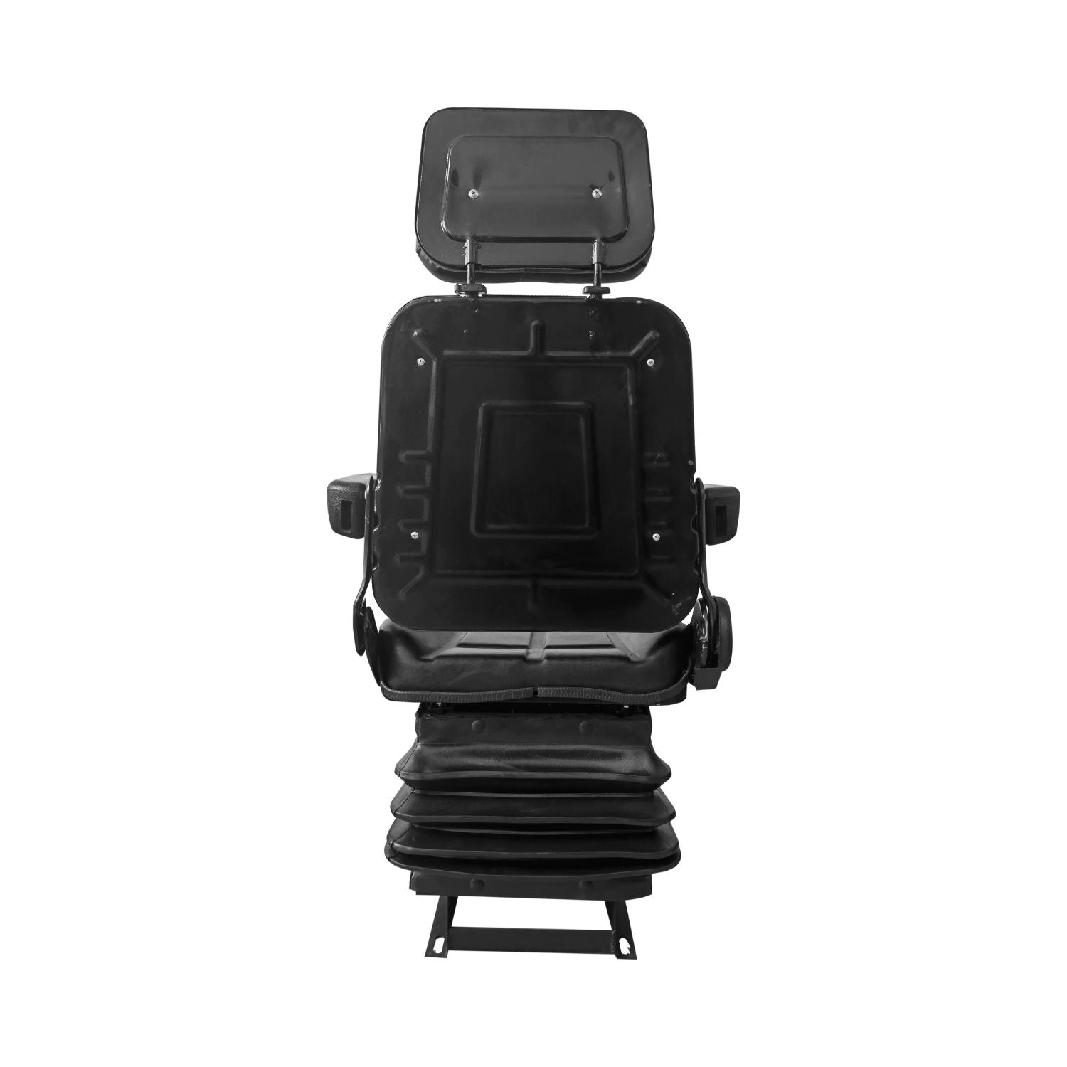 A RYNOMATE Adjustable Suspension Seat with Foldable Armrest for Heavy Machinery (Black) RNM-TS-100-YF with a headrest and a yellow adjustment knob at the base, featuring a padded cushion and sleek design. Ideal for heavy machinery, this adjustable suspension seat boasts foldable armrests for added convenience. The suspension mechanism in the base ensures maximum comfort.