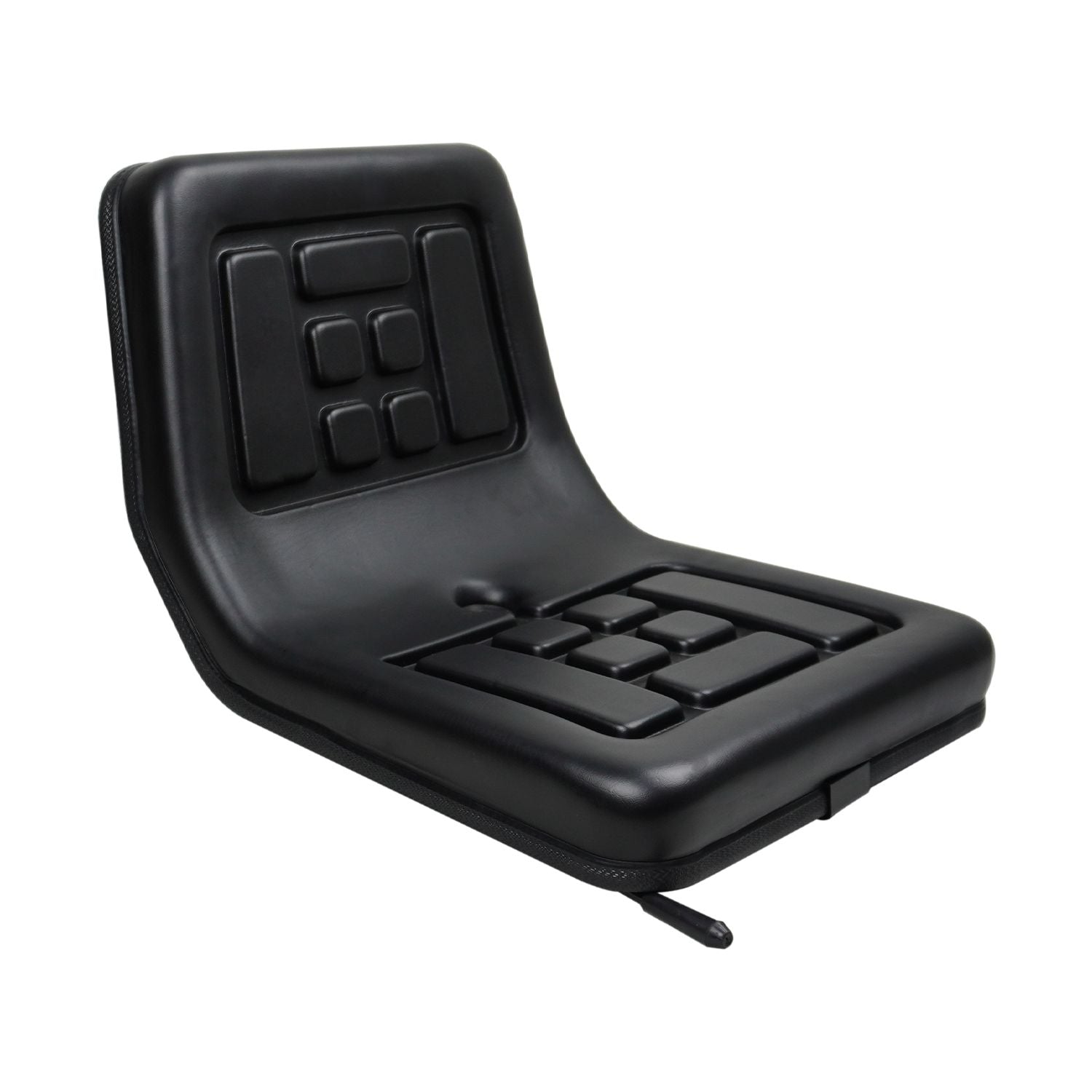 A black, foldable stadium seat with padded cushions and a zipper closure. The seat and backrest feature rectangular grid patterns for added comfort and support. Designed for portability and outdoor seating, this high-quality PU leather **RYNOMATE Universal Tractor Seat with Easy Seat Adjustment (Black) RNM-TS-101-YF** offers adjustable seating comfort to enhance your experience.