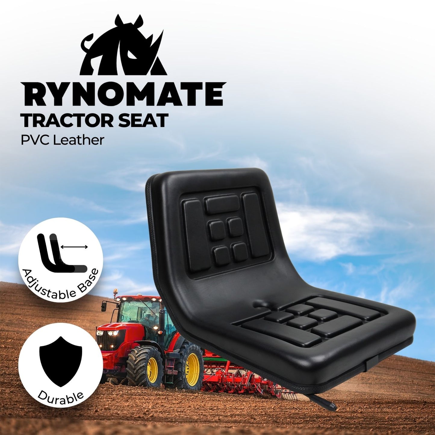 A black, foldable stadium seat with padded cushions and a zipper closure. The seat and backrest feature rectangular grid patterns for added comfort and support. Designed for portability and outdoor seating, this high-quality PU leather **RYNOMATE Universal Tractor Seat with Easy Seat Adjustment (Black) RNM-TS-101-YF** offers adjustable seating comfort to enhance your experience.