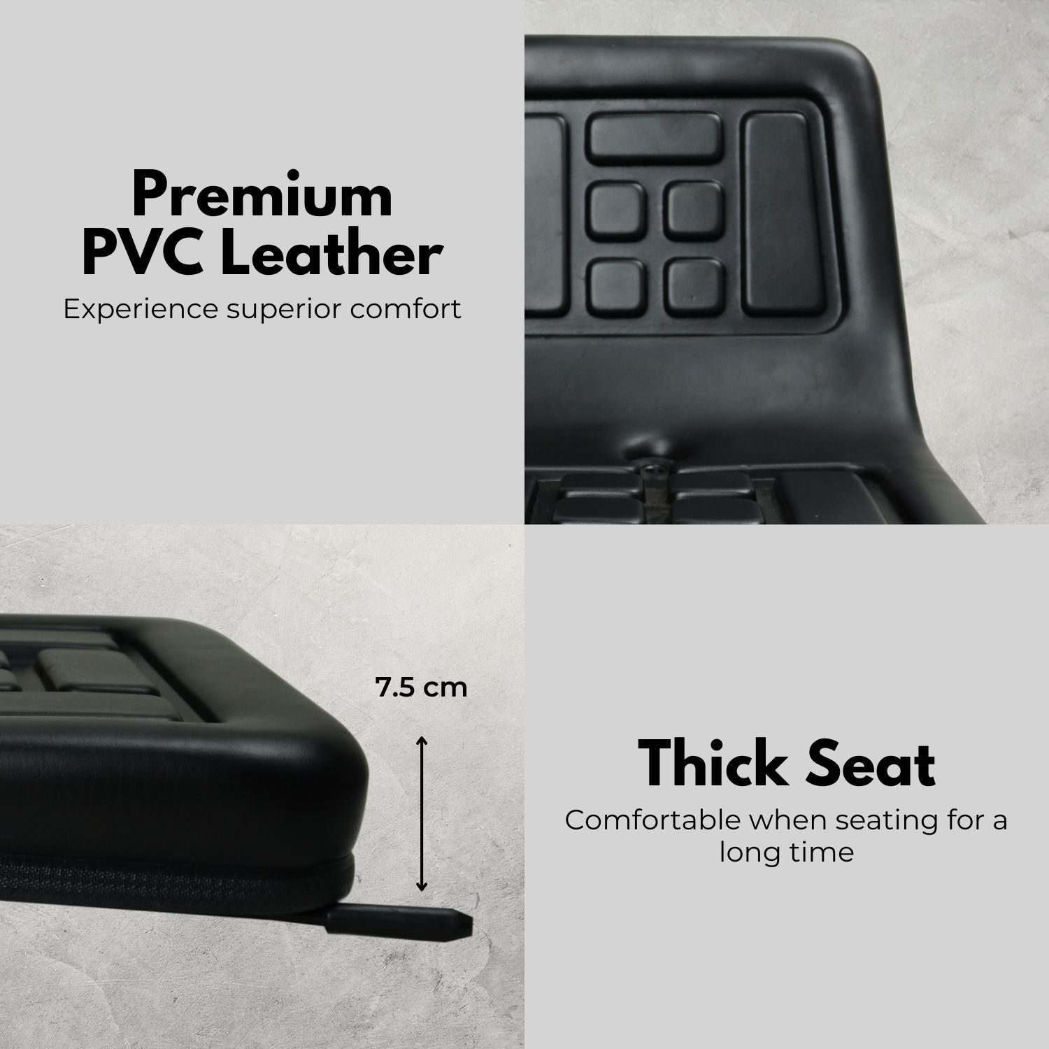 A black, foldable stadium seat with padded cushions and a zipper closure. The seat and backrest feature rectangular grid patterns for added comfort and support. Designed for portability and outdoor seating, this high-quality PU leather **RYNOMATE Universal Tractor Seat with Easy Seat Adjustment (Black) RNM-TS-101-YF** offers adjustable seating comfort to enhance your experience.