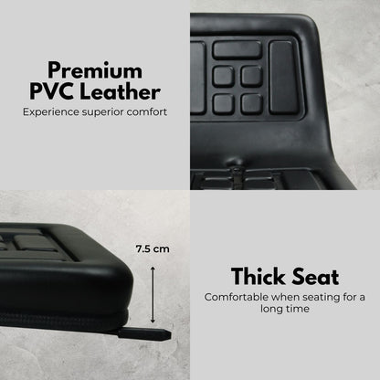 A black, foldable stadium seat with padded cushions and a zipper closure. The seat and backrest feature rectangular grid patterns for added comfort and support. Designed for portability and outdoor seating, this high-quality PU leather **RYNOMATE Universal Tractor Seat with Easy Seat Adjustment (Black) RNM-TS-101-YF** offers adjustable seating comfort to enhance your experience.