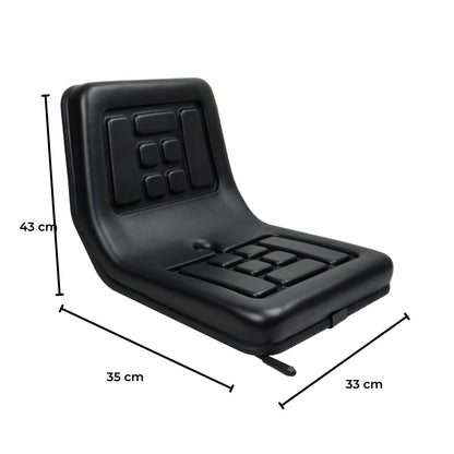 A black, foldable stadium seat with padded cushions and a zipper closure. The seat and backrest feature rectangular grid patterns for added comfort and support. Designed for portability and outdoor seating, this high-quality PU leather **RYNOMATE Universal Tractor Seat with Easy Seat Adjustment (Black) RNM-TS-101-YF** offers adjustable seating comfort to enhance your experience.