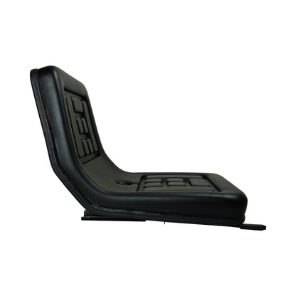 A black, foldable stadium seat with padded cushions and a zipper closure. The seat and backrest feature rectangular grid patterns for added comfort and support. Designed for portability and outdoor seating, this high-quality PU leather **RYNOMATE Universal Tractor Seat with Easy Seat Adjustment (Black) RNM-TS-101-YF** offers adjustable seating comfort to enhance your experience.