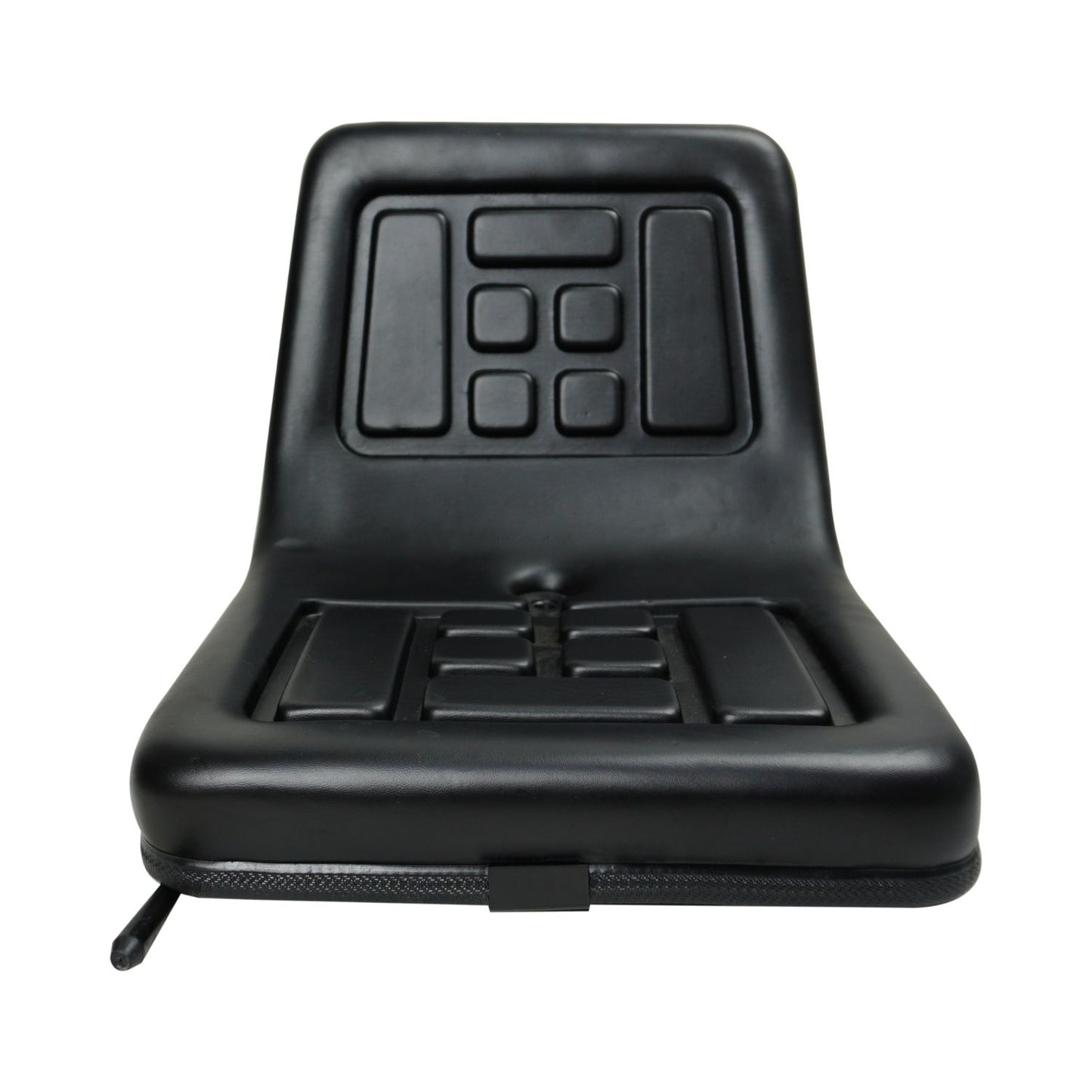 A black, foldable stadium seat with padded cushions and a zipper closure. The seat and backrest feature rectangular grid patterns for added comfort and support. Designed for portability and outdoor seating, this high-quality PU leather **RYNOMATE Universal Tractor Seat with Easy Seat Adjustment (Black) RNM-TS-101-YF** offers adjustable seating comfort to enhance your experience.