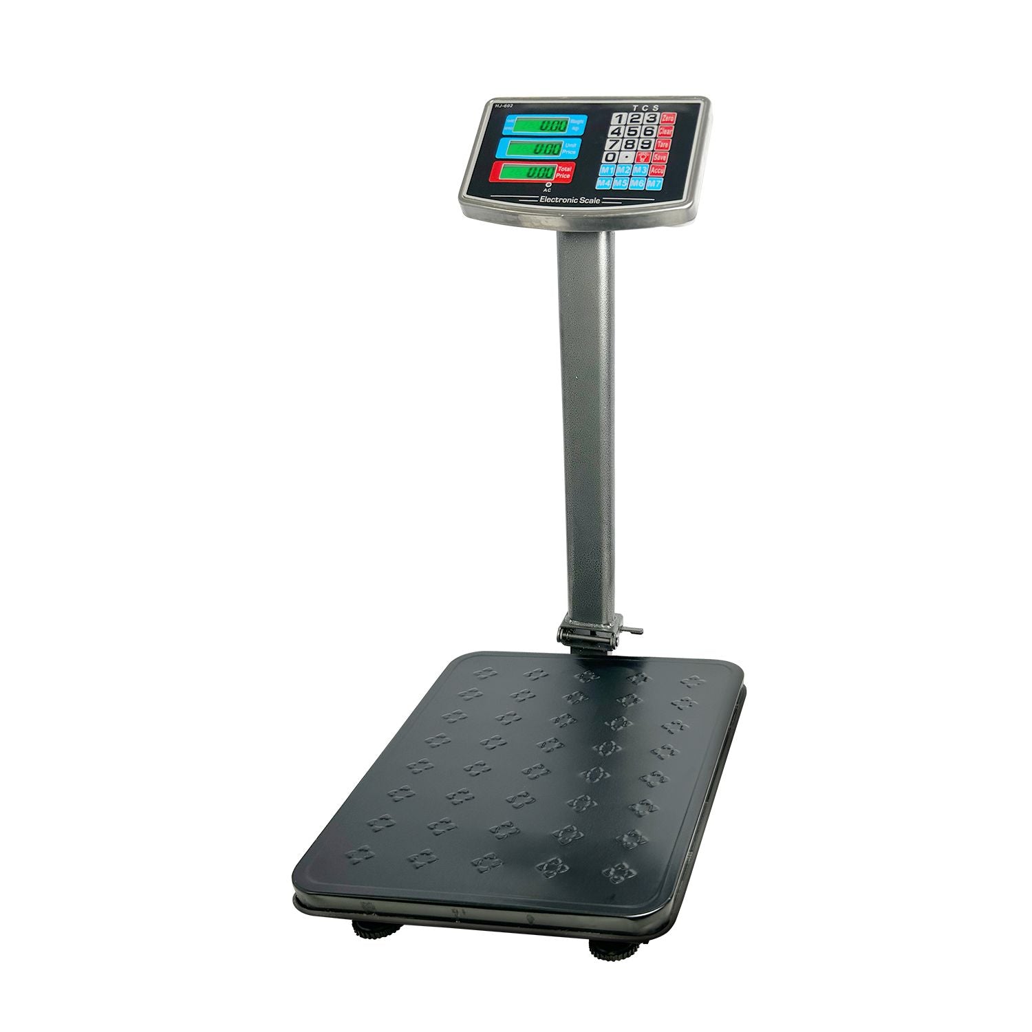 A RYNOMATE Heavy-Duty Commercial Platform Scales 150KG (Black) with a black rectangular weighing platform and an upright display panel. The display features multiple digital readouts with green and red highlights, control buttons beneath the screen, and high-speed sampling for quick results. The metal column connects the platform and the display.