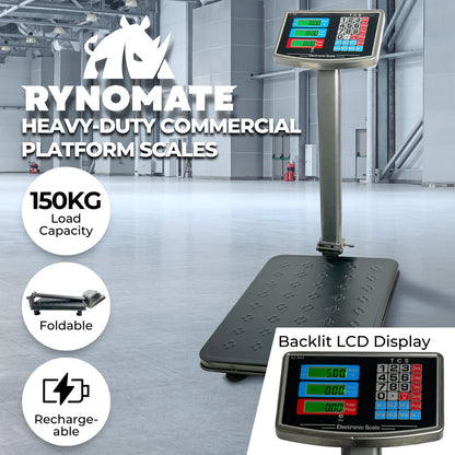 A RYNOMATE Heavy-Duty Commercial Platform Scales 150KG (Black) with a black rectangular weighing platform and an upright display panel. The display features multiple digital readouts with green and red highlights, control buttons beneath the screen, and high-speed sampling for quick results. The metal column connects the platform and the display.