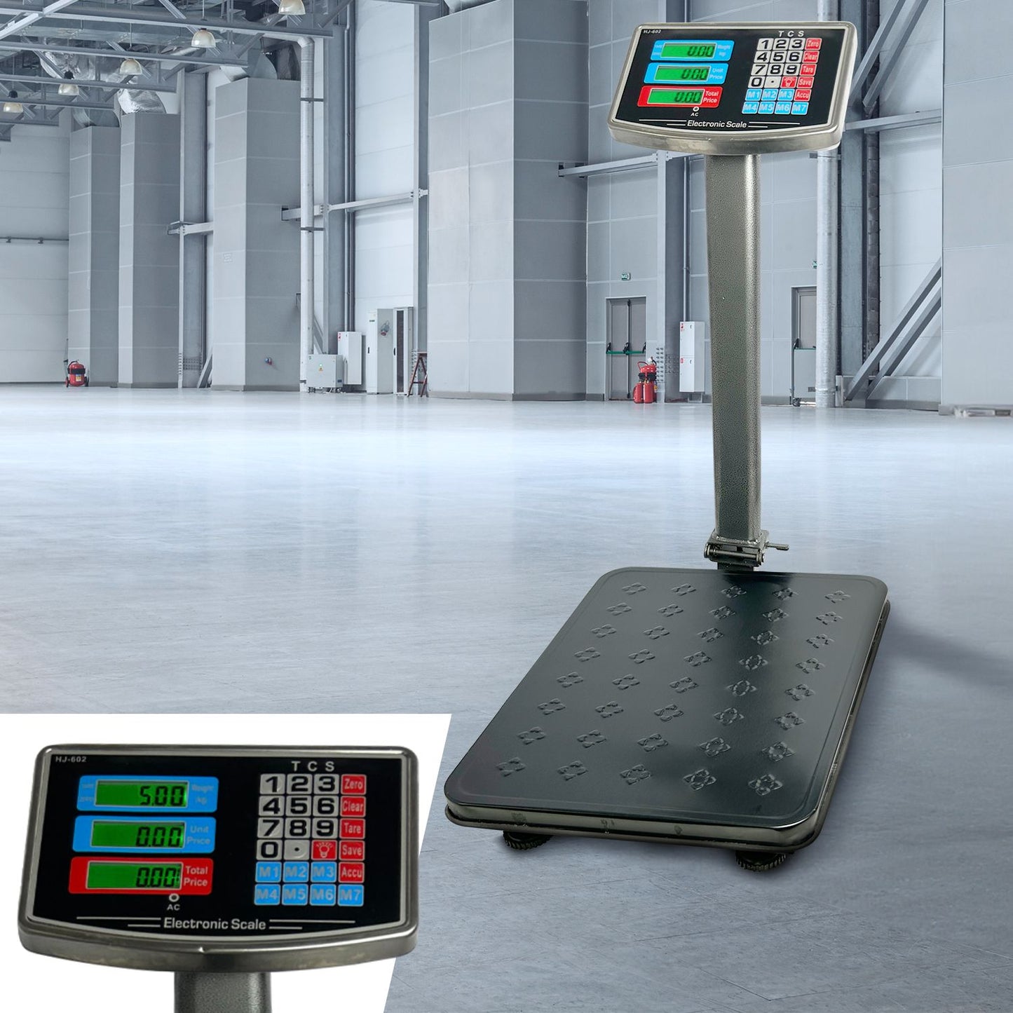 A RYNOMATE Heavy-Duty Commercial Platform Scales 150KG (Black) with a black rectangular weighing platform and an upright display panel. The display features multiple digital readouts with green and red highlights, control buttons beneath the screen, and high-speed sampling for quick results. The metal column connects the platform and the display.