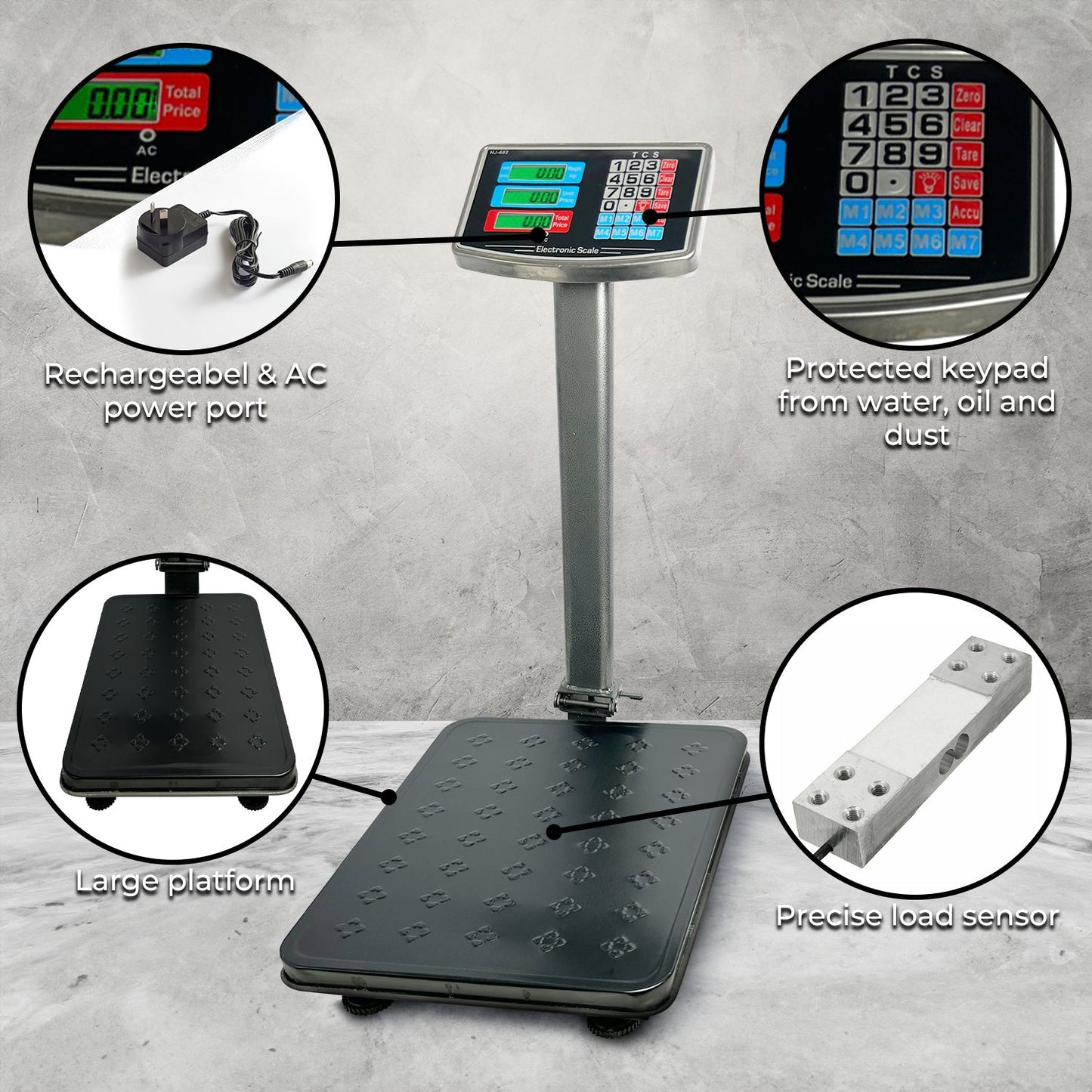 A RYNOMATE Heavy-Duty Commercial Platform Scales 150KG (Black) with a black rectangular weighing platform and an upright display panel. The display features multiple digital readouts with green and red highlights, control buttons beneath the screen, and high-speed sampling for quick results. The metal column connects the platform and the display.