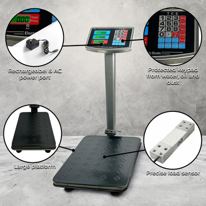 A RYNOMATE Heavy-Duty Commercial Platform Scales 150KG (Black) with a black rectangular weighing platform and an upright display panel. The display features multiple digital readouts with green and red highlights, control buttons beneath the screen, and high-speed sampling for quick results. The metal column connects the platform and the display.