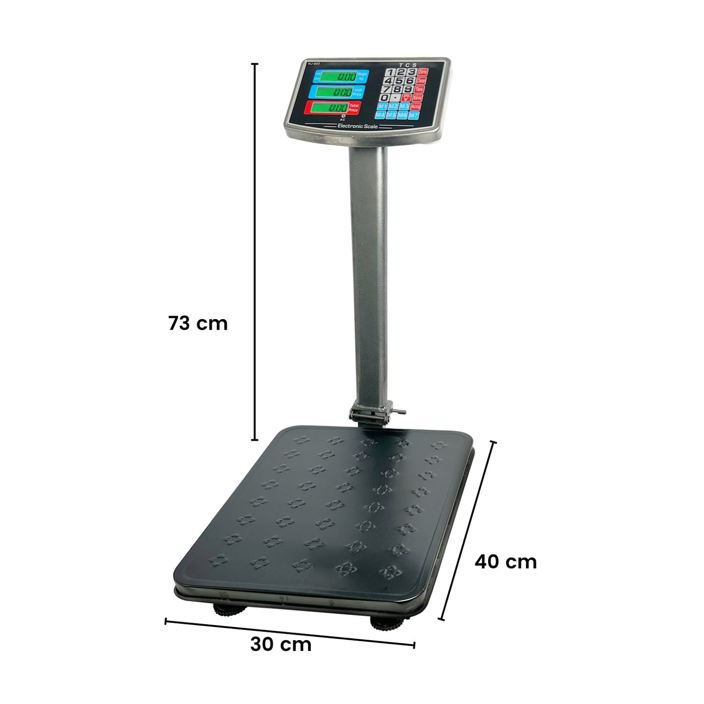 A RYNOMATE Heavy-Duty Commercial Platform Scales 150KG (Black) with a black rectangular weighing platform and an upright display panel. The display features multiple digital readouts with green and red highlights, control buttons beneath the screen, and high-speed sampling for quick results. The metal column connects the platform and the display.