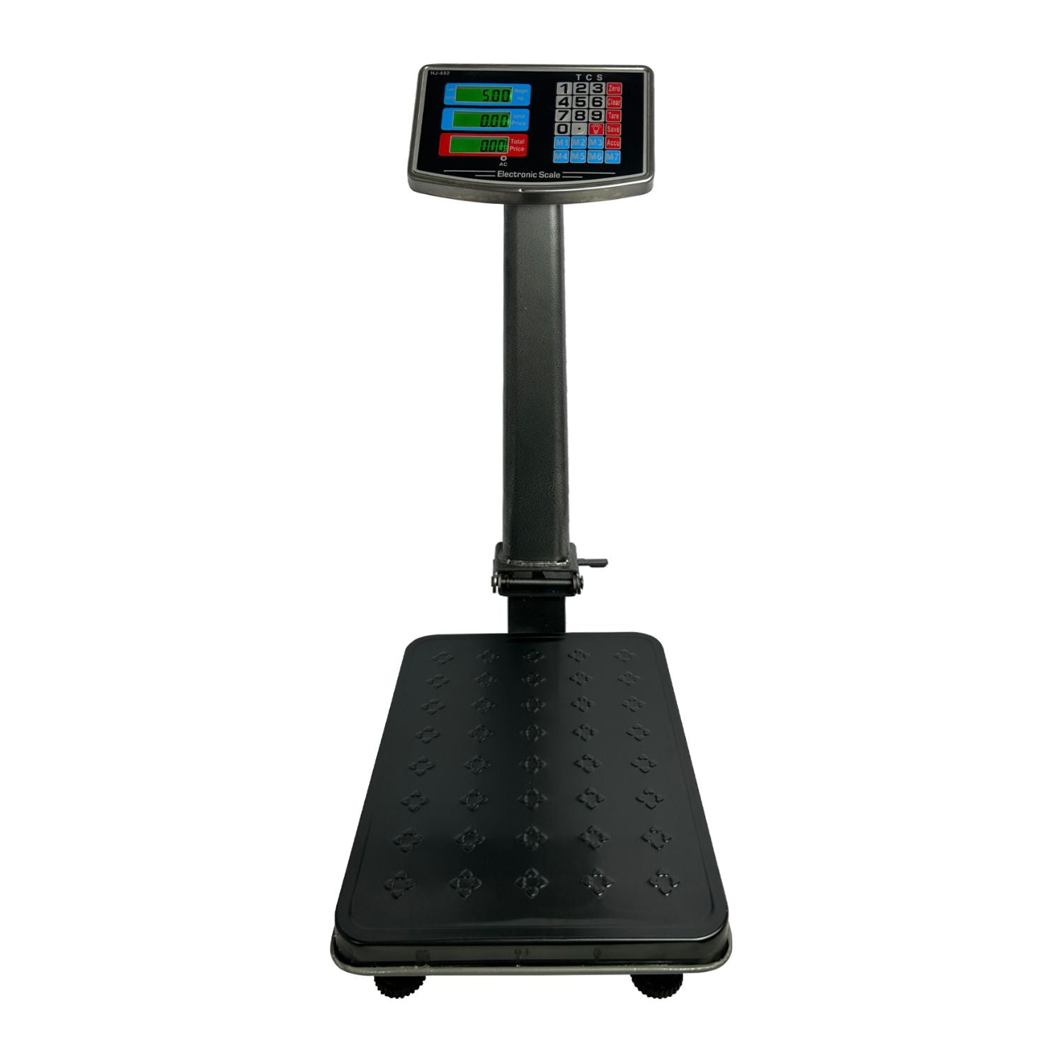 A RYNOMATE Heavy-Duty Commercial Platform Scales 150KG (Black) with a black rectangular weighing platform and an upright display panel. The display features multiple digital readouts with green and red highlights, control buttons beneath the screen, and high-speed sampling for quick results. The metal column connects the platform and the display.