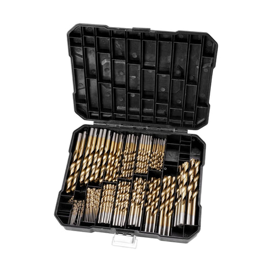 A black plastic case containing an assortment of high-speed steel drill bits of various sizes and types, neatly organized and secured in designated slots. The case is open, displaying the full range of bits against a white background, ideal for precision drilling tasks. This is the RYNOMATE 230 pcs Drill Bits Set with Black Plastic Case (Gold) RNM-DBS-100-CF.