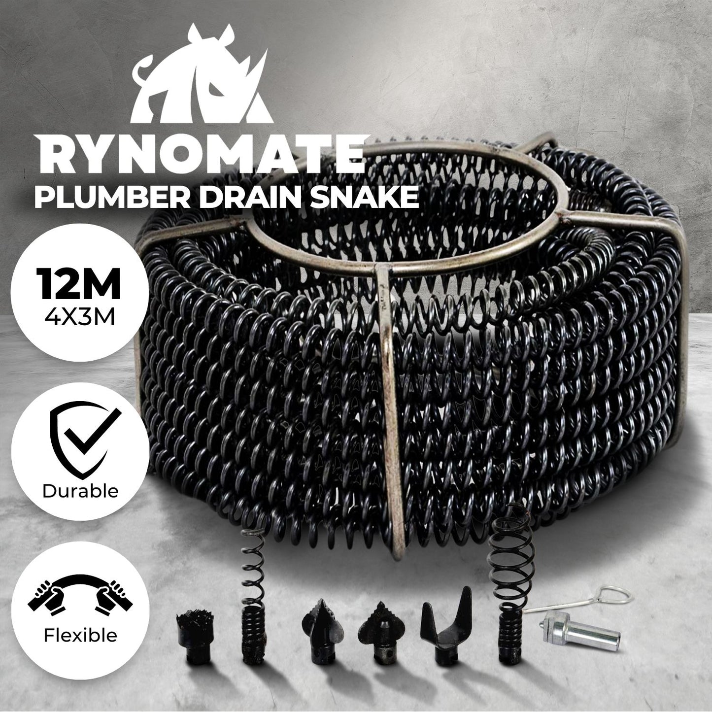 The RYNOMATE Plumber Drain Snake Pipeline Sewer Cleaner with Drill Bit Tool (Black) RNM-PSC-100-ZS, with customizable spring lengths and a black metal casing, is perfect for plumbing tasks. Displayed are various interchangeable heads and a small key tool, showcasing the versatile attachments available for this efficient sewer cleaner.