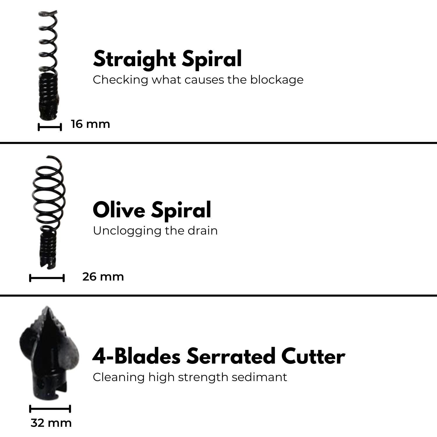 The RYNOMATE Plumber Drain Snake Pipeline Sewer Cleaner with Drill Bit Tool (Black) RNM-PSC-100-ZS, with customizable spring lengths and a black metal casing, is perfect for plumbing tasks. Displayed are various interchangeable heads and a small key tool, showcasing the versatile attachments available for this efficient sewer cleaner.