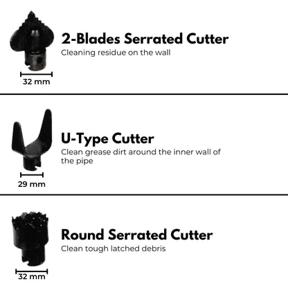 The RYNOMATE Plumber Drain Snake Pipeline Sewer Cleaner with Drill Bit Tool (Black) RNM-PSC-100-ZS, with customizable spring lengths and a black metal casing, is perfect for plumbing tasks. Displayed are various interchangeable heads and a small key tool, showcasing the versatile attachments available for this efficient sewer cleaner.