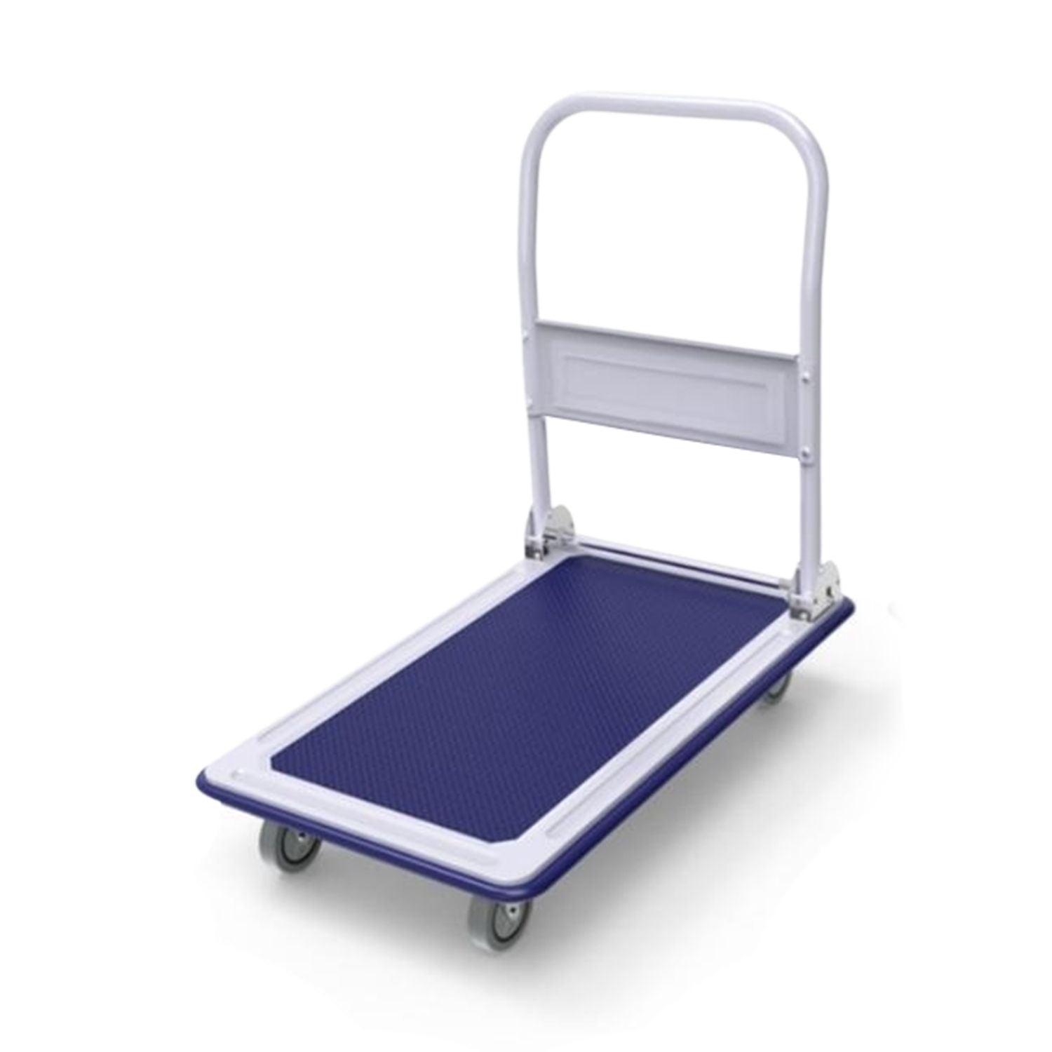 A RYNOMATE Foldable Platform Trolley with 4 Wheels (Blue and White) RNM-FPT-100-QY with a rectangular loading surface and four wheels. The handle is upright at one end for easy maneuverability. The high capacity cart appears sturdy and suitable for transporting heavy items in various settings.