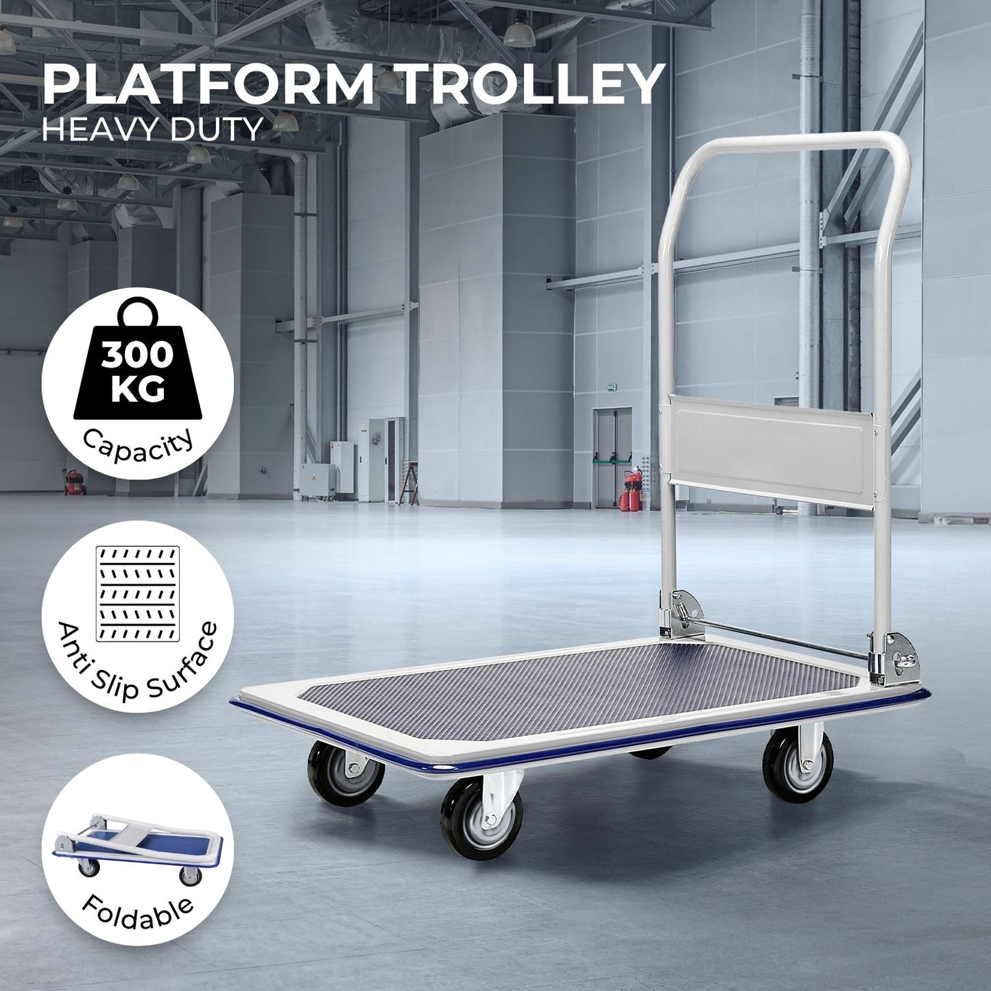 A RYNOMATE Foldable Platform Trolley with 4 Wheels (Blue and White) RNM-FPT-100-QY with a rectangular loading surface and four wheels. The handle is upright at one end for easy maneuverability. The high capacity cart appears sturdy and suitable for transporting heavy items in various settings.