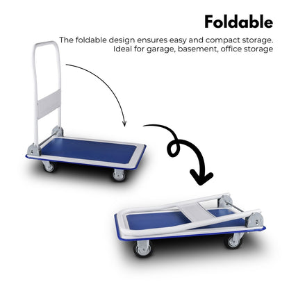 A RYNOMATE Foldable Platform Trolley with 4 Wheels (Blue and White) RNM-FPT-100-QY with a rectangular loading surface and four wheels. The handle is upright at one end for easy maneuverability. The high capacity cart appears sturdy and suitable for transporting heavy items in various settings.