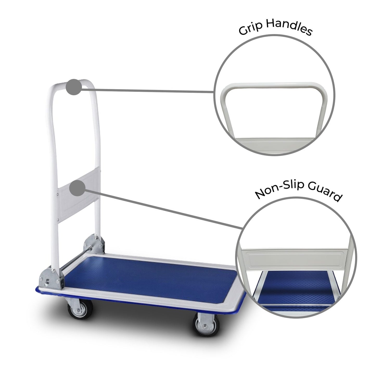 A RYNOMATE Foldable Platform Trolley with 4 Wheels (Blue and White) RNM-FPT-100-QY with a rectangular loading surface and four wheels. The handle is upright at one end for easy maneuverability. The high capacity cart appears sturdy and suitable for transporting heavy items in various settings.