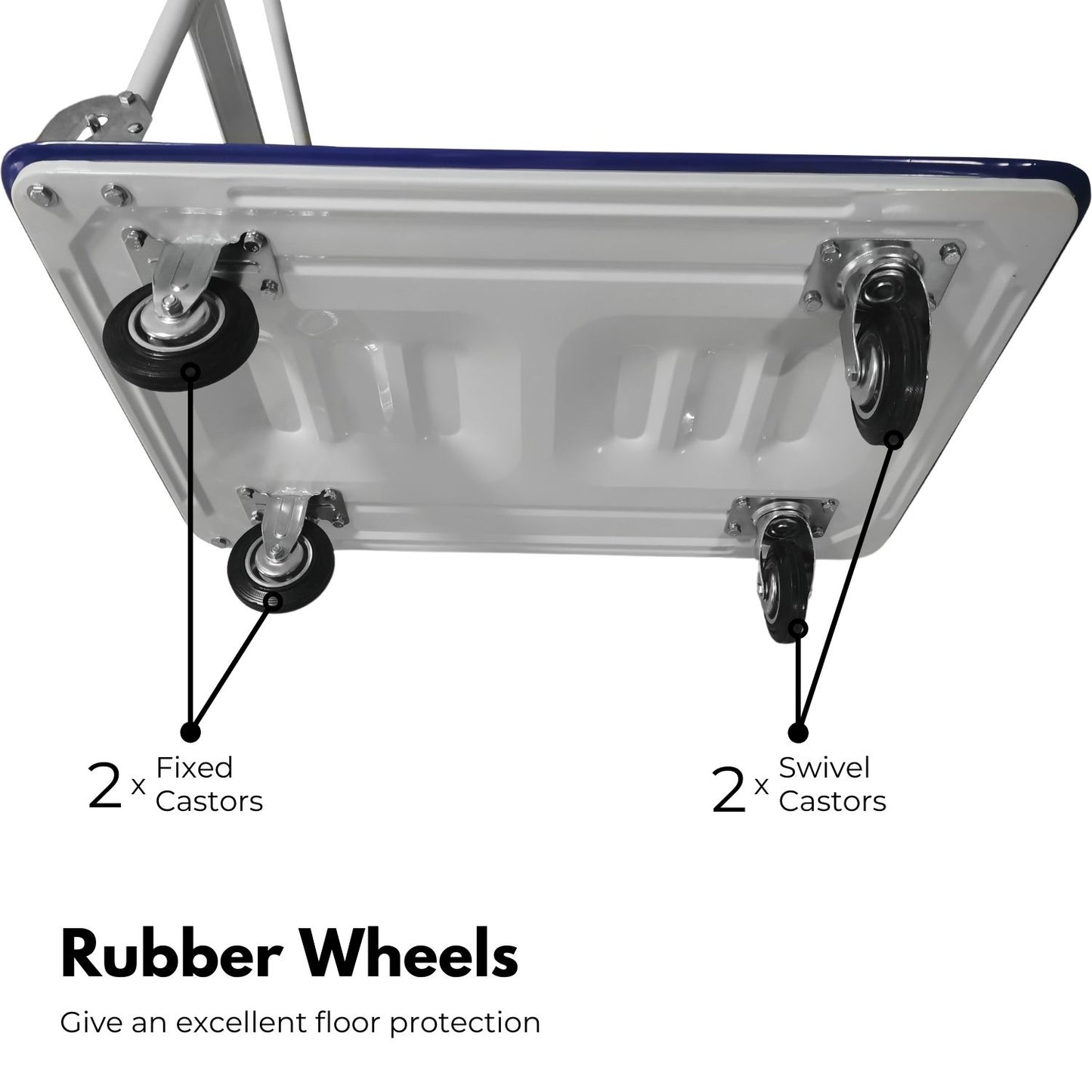 A RYNOMATE Foldable Platform Trolley with 4 Wheels (Blue and White) RNM-FPT-100-QY with a rectangular loading surface and four wheels. The handle is upright at one end for easy maneuverability. The high capacity cart appears sturdy and suitable for transporting heavy items in various settings.