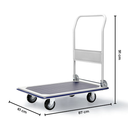 A RYNOMATE Foldable Platform Trolley with 4 Wheels (Blue and White) RNM-FPT-100-QY with a rectangular loading surface and four wheels. The handle is upright at one end for easy maneuverability. The high capacity cart appears sturdy and suitable for transporting heavy items in various settings.