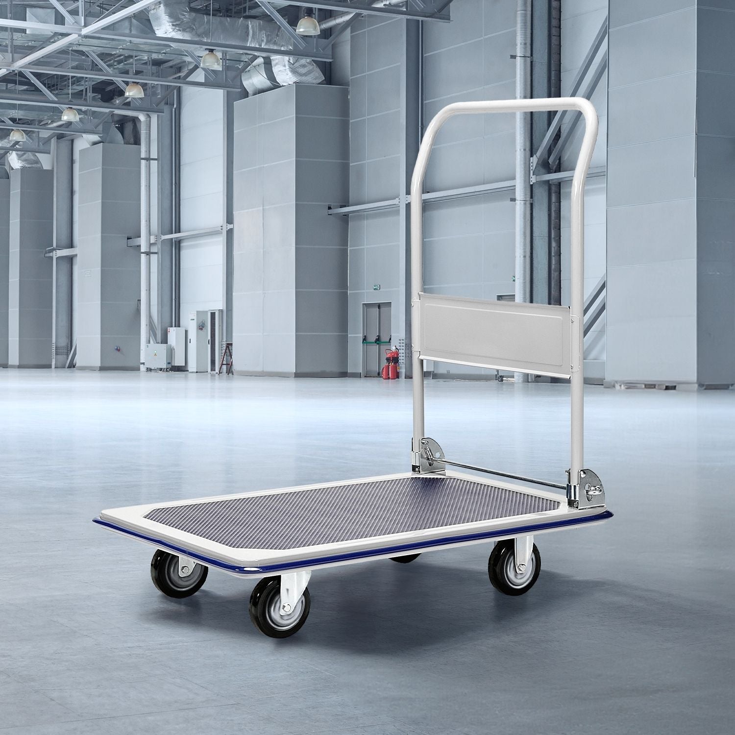 A RYNOMATE Foldable Platform Trolley with 4 Wheels (Blue and White) RNM-FPT-100-QY with a rectangular loading surface and four wheels. The handle is upright at one end for easy maneuverability. The high capacity cart appears sturdy and suitable for transporting heavy items in various settings.