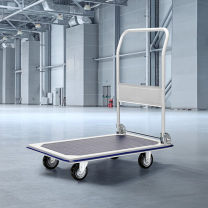 A RYNOMATE Foldable Platform Trolley with 4 Wheels (Blue and White) RNM-FPT-100-QY with a rectangular loading surface and four wheels. The handle is upright at one end for easy maneuverability. The high capacity cart appears sturdy and suitable for transporting heavy items in various settings.