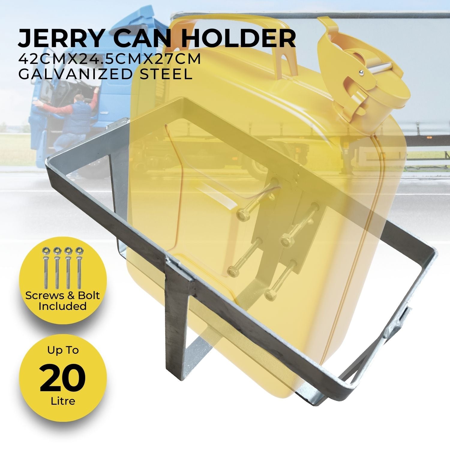 A metallic rectangular frame with four bolts attached to the side and a supporting leg at the bottom. Made of galvanized steel, this RYNOMATE 20L Jerry Can Holder for 4x4 Camper Trailer Caravan (Silver) RNM-TLC-100-SM has a simplistic design with no additional features or components, ensuring hassle-free installation.