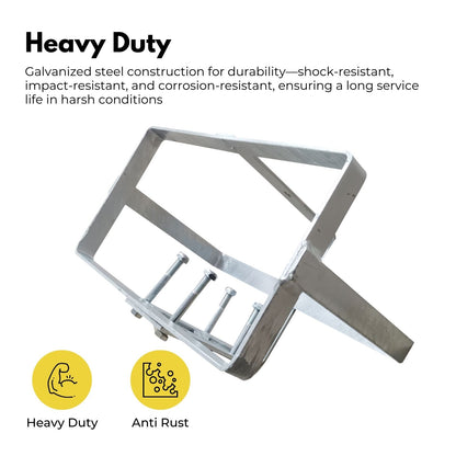 A metallic rectangular frame with four bolts attached to the side and a supporting leg at the bottom. Made of galvanized steel, this RYNOMATE 20L Jerry Can Holder for 4x4 Camper Trailer Caravan (Silver) RNM-TLC-100-SM has a simplistic design with no additional features or components, ensuring hassle-free installation.