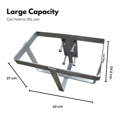 A metallic rectangular frame with four bolts attached to the side and a supporting leg at the bottom. Made of galvanized steel, this RYNOMATE 20L Jerry Can Holder for 4x4 Camper Trailer Caravan (Silver) RNM-TLC-100-SM has a simplistic design with no additional features or components, ensuring hassle-free installation.