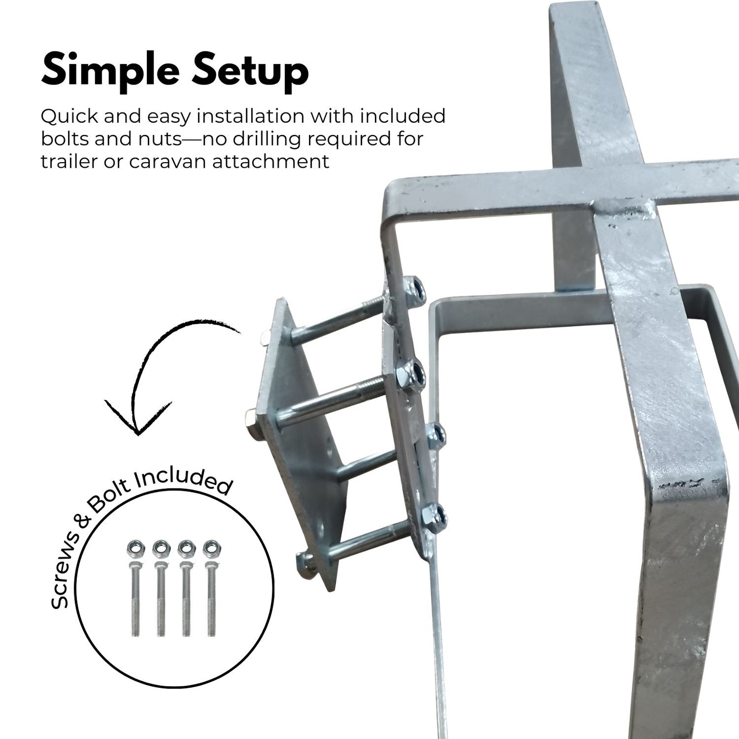 A metallic rectangular frame with four bolts attached to the side and a supporting leg at the bottom. Made of galvanized steel, this RYNOMATE 20L Jerry Can Holder for 4x4 Camper Trailer Caravan (Silver) RNM-TLC-100-SM has a simplistic design with no additional features or components, ensuring hassle-free installation.