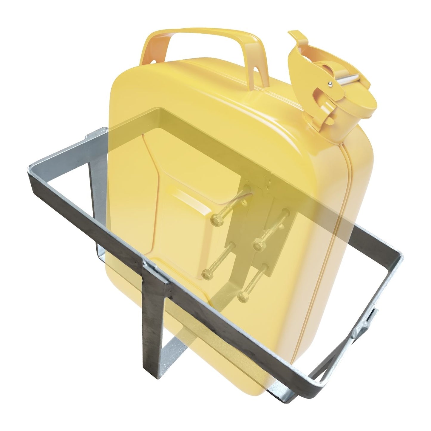 A metallic rectangular frame with four bolts attached to the side and a supporting leg at the bottom. Made of galvanized steel, this RYNOMATE 20L Jerry Can Holder for 4x4 Camper Trailer Caravan (Silver) RNM-TLC-100-SM has a simplistic design with no additional features or components, ensuring hassle-free installation.