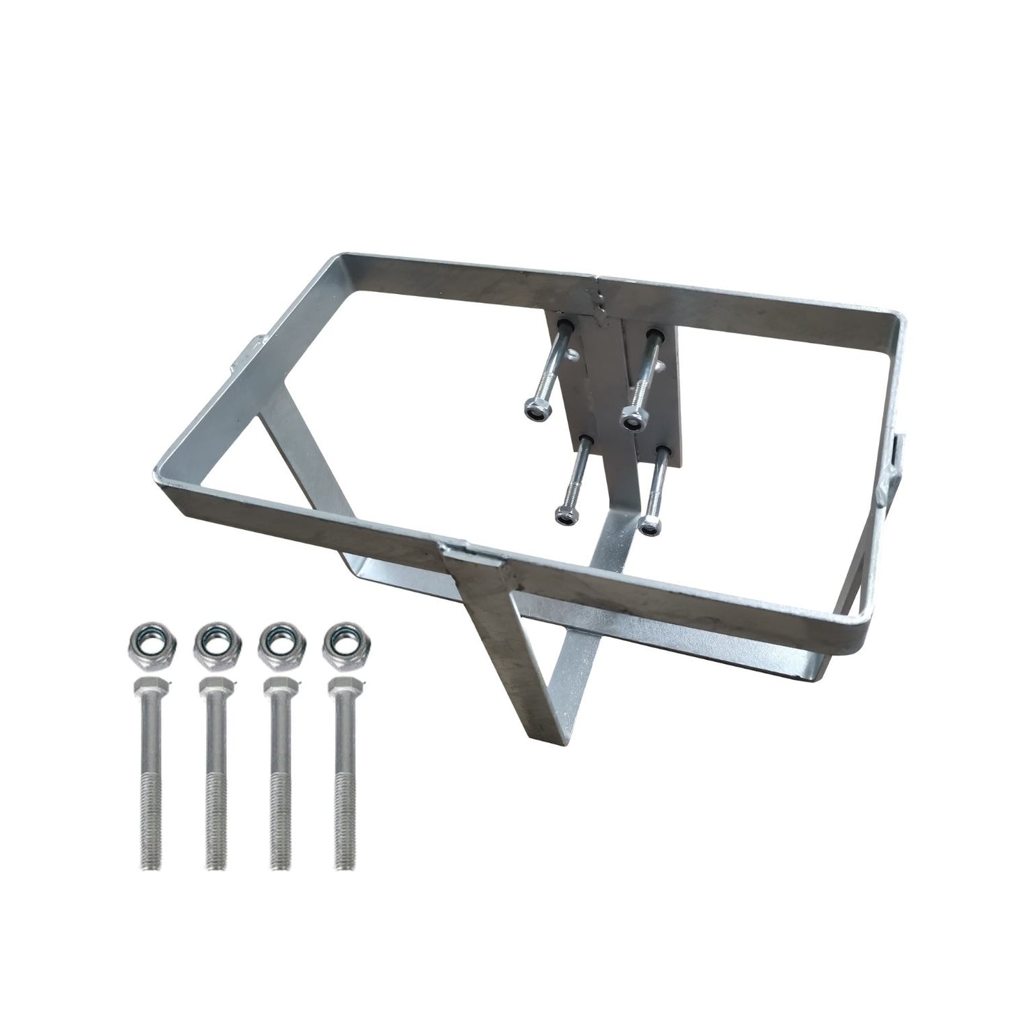 A metallic rectangular frame with four bolts attached to the side and a supporting leg at the bottom. Made of galvanized steel, this RYNOMATE 20L Jerry Can Holder for 4x4 Camper Trailer Caravan (Silver) RNM-TLC-100-SM has a simplistic design with no additional features or components, ensuring hassle-free installation.