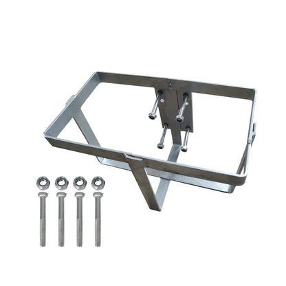 A metallic rectangular frame with four bolts attached to the side and a supporting leg at the bottom. Made of galvanized steel, this RYNOMATE 20L Jerry Can Holder for 4x4 Camper Trailer Caravan (Silver) RNM-TLC-100-SM has a simplistic design with no additional features or components, ensuring hassle-free installation.