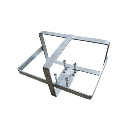 A metallic rectangular frame with four bolts attached to the side and a supporting leg at the bottom. Made of galvanized steel, this RYNOMATE 20L Jerry Can Holder for 4x4 Camper Trailer Caravan (Silver) RNM-TLC-100-SM has a simplistic design with no additional features or components, ensuring hassle-free installation.