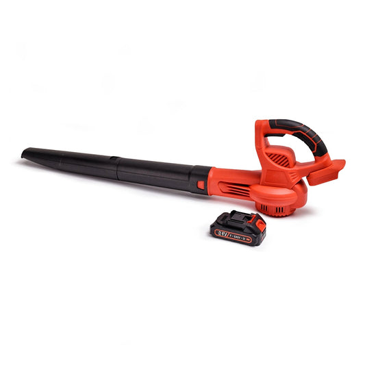 A RYNOMATE 21V Cordless Leaf Blower with Lithium Battery and Charger Kit (Red and Black) RNM-LB-100-RTT is placed on a white background. The device features a long, narrow nozzle and includes a detachable lithium battery pack positioned next to it.