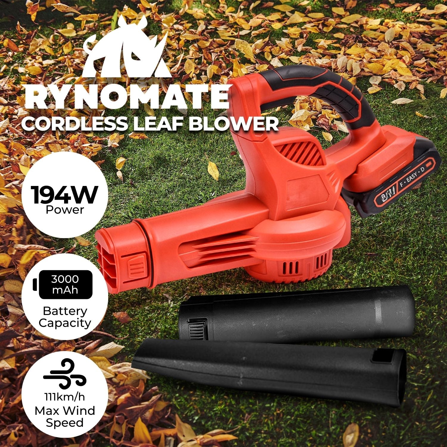 A RYNOMATE 21V Cordless Leaf Blower with Lithium Battery and Charger Kit (Red and Black) RNM-LB-100-RTT is placed on a white background. The device features a long, narrow nozzle and includes a detachable lithium battery pack positioned next to it.