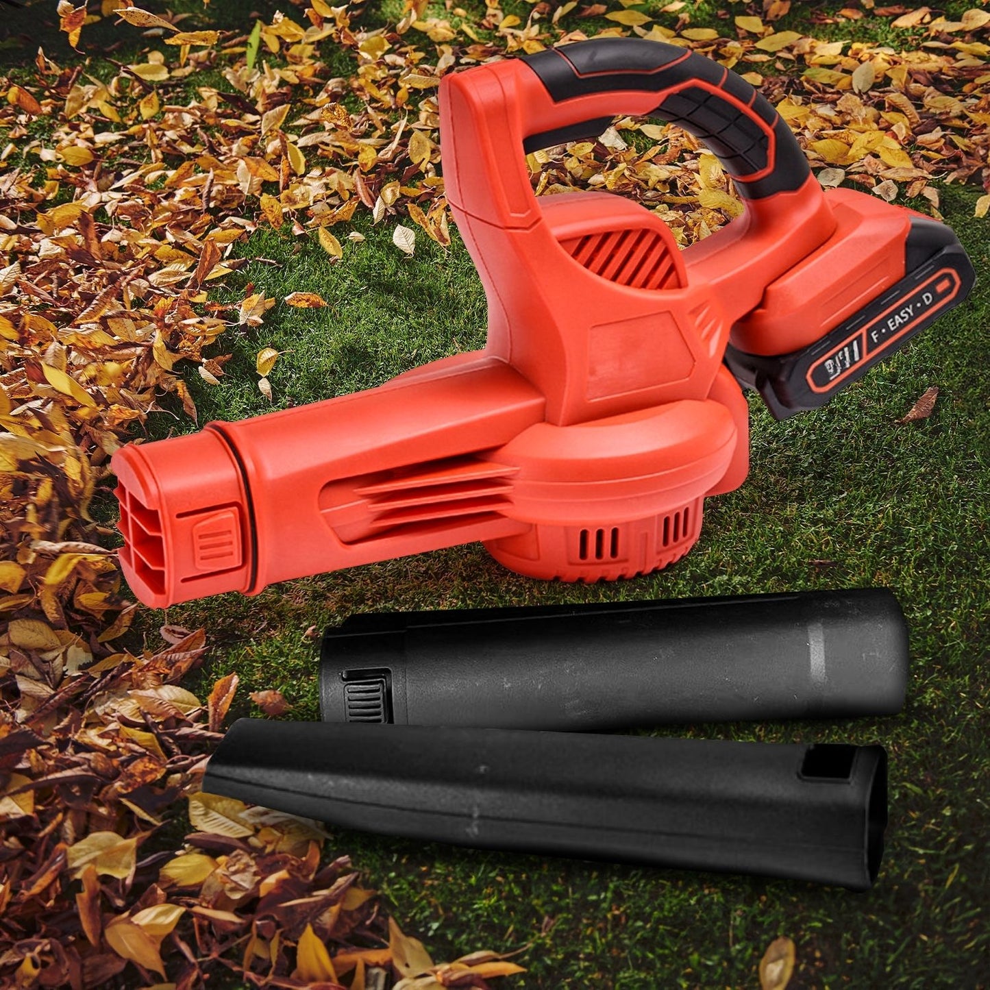 A RYNOMATE 21V Cordless Leaf Blower with Lithium Battery and Charger Kit (Red and Black) RNM-LB-100-RTT is placed on a white background. The device features a long, narrow nozzle and includes a detachable lithium battery pack positioned next to it.