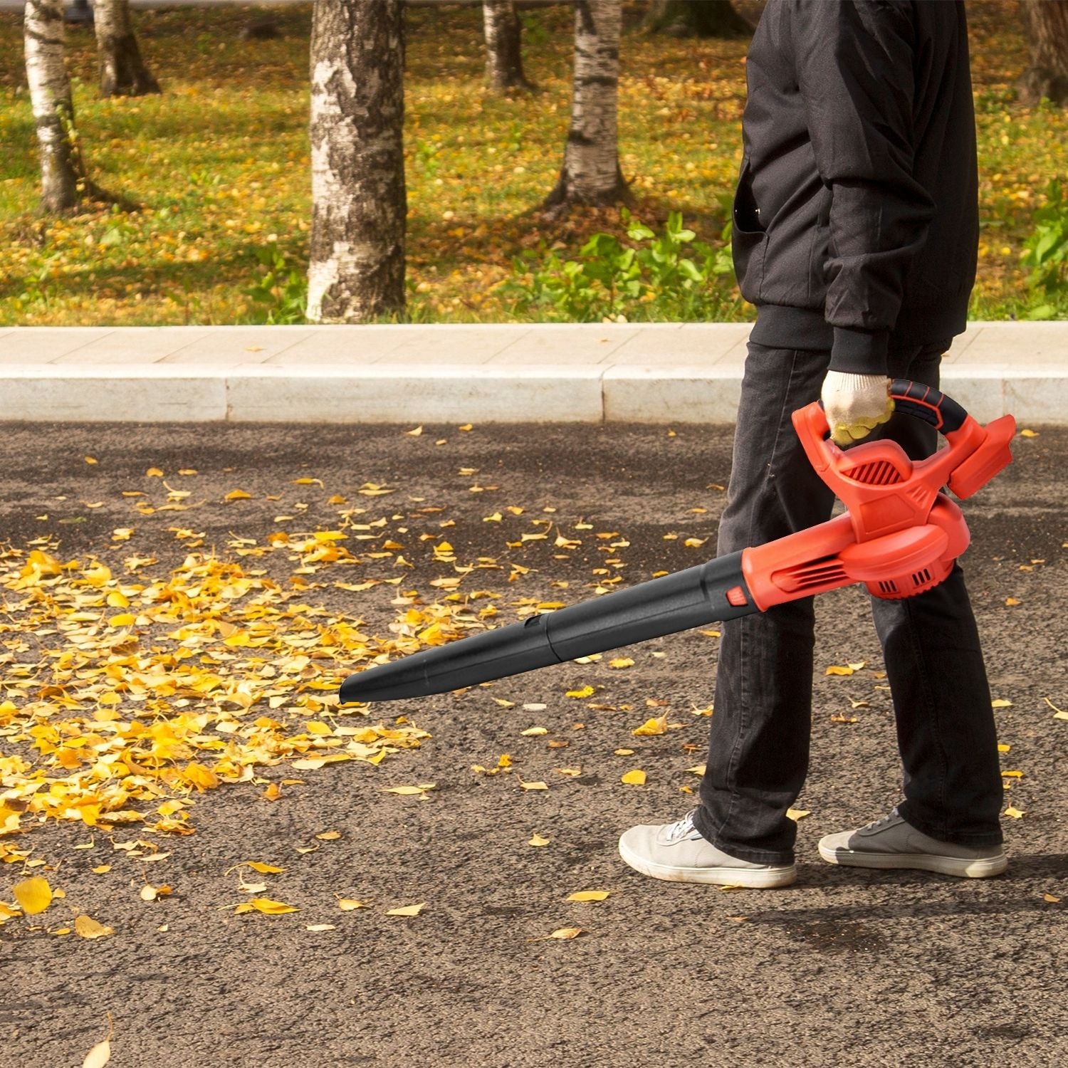 A RYNOMATE 21V Cordless Leaf Blower with Lithium Battery and Charger Kit (Red and Black) RNM-LB-100-RTT is placed on a white background. The device features a long, narrow nozzle and includes a detachable lithium battery pack positioned next to it.